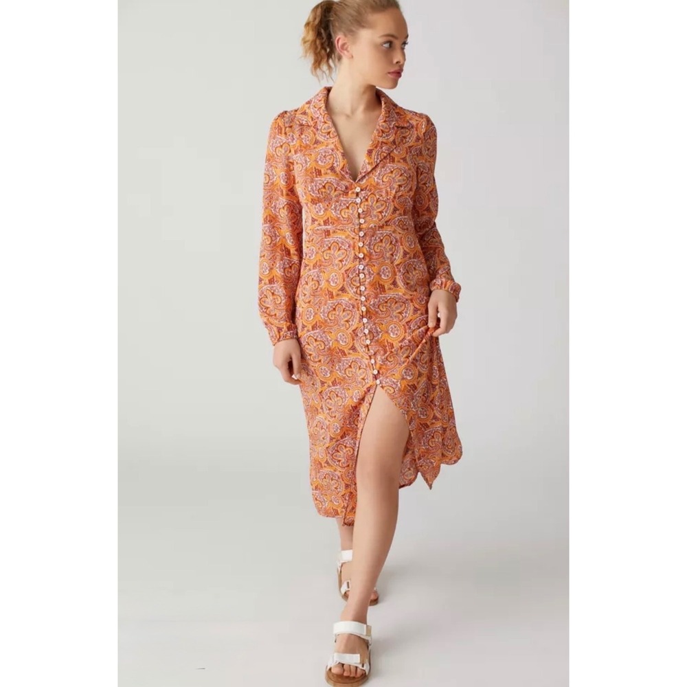Urban Outfitters Orange Paisley Button Down Mari Midi Shirt Dress Long Sleeve M